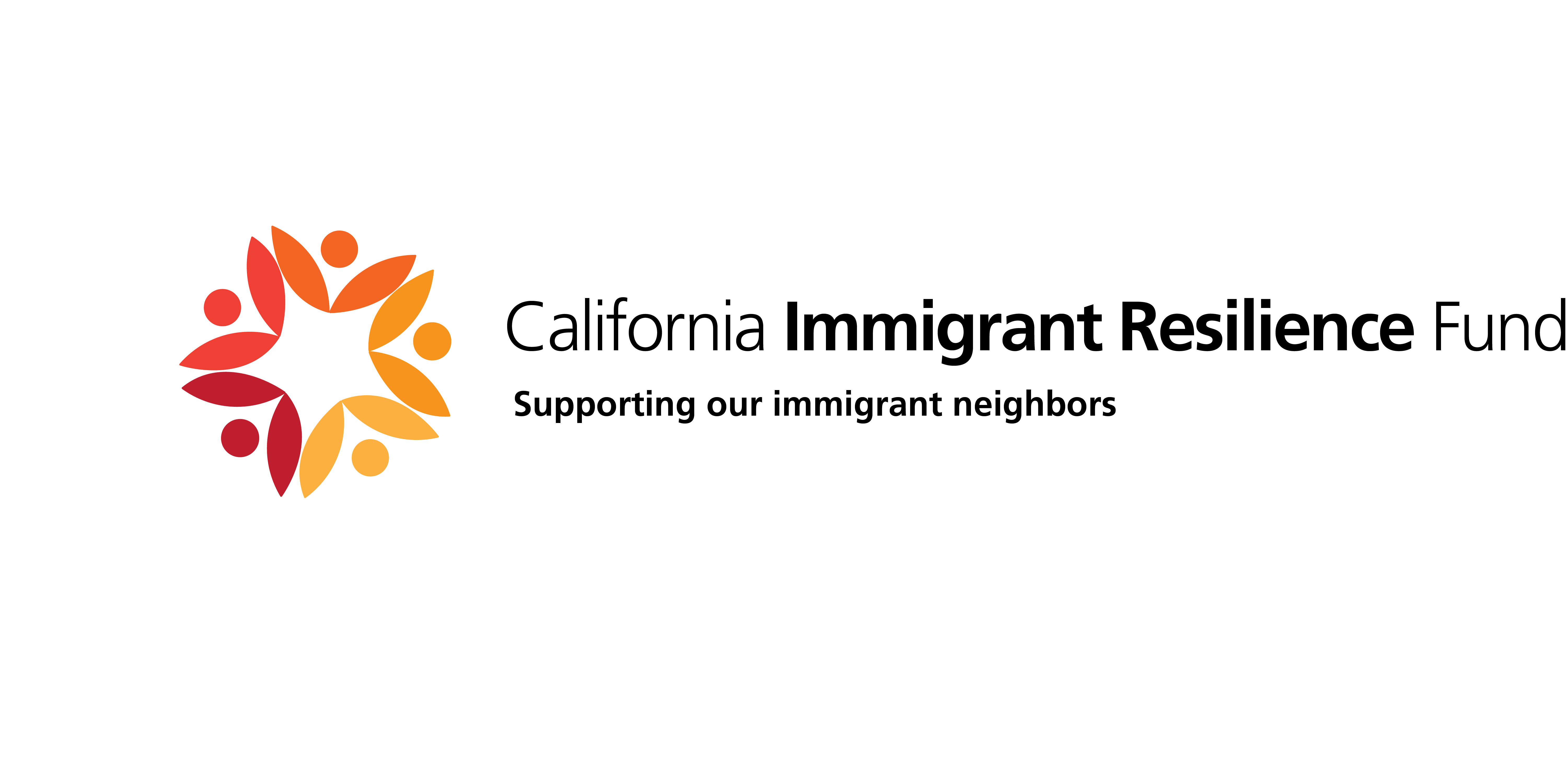 California Immigrant Resilience Fund logo, which features a yellow-orange-brown blossom logo on the left and the name on the right, with the tagline, Supporting our immigrant neighbors, underneath.