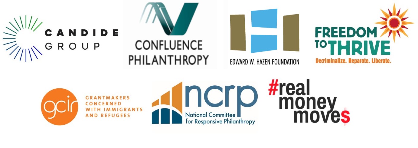 The logos of Candide Group, Confluence Philanthropy, Edward W. Hazen Foundation, Freedom to Thrive, Grantmakers Concerned with Immigrants and Refugees, National Committee for Responsive Philanthropy, and Real Money Moves. Accompanies the joint issue brief, How to Divest from Immigrant Detention: A Philanthropic Primer.